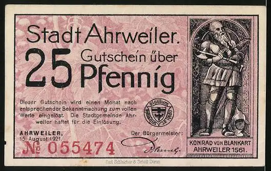 Notgeld Ahrweiler 1921, 25 Pfennig, Konrad von Blankart, vor dem Stadttor