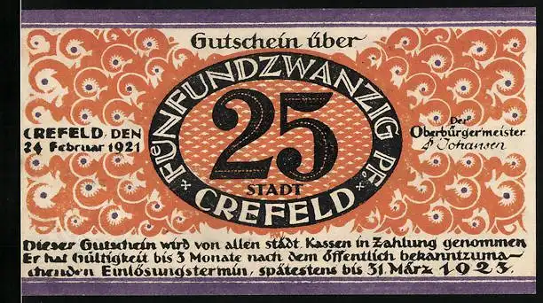 Notgeld Crefeld 1921, 25 Pfennig, Silhouette der Stadt