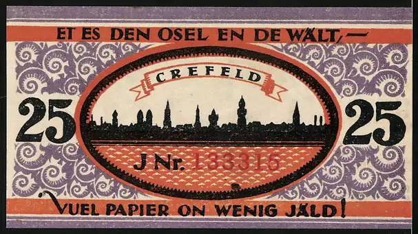 Notgeld Crefeld 1921, 25 Pfennig, Silhouette der Stadt