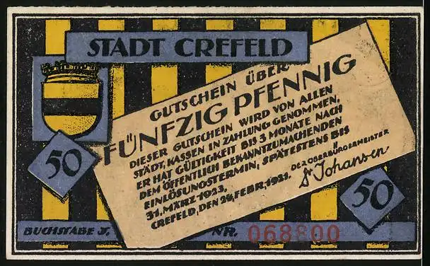 Notgeld Crefeld 1921, 50 Pfennig, Seemann mit Pfeife