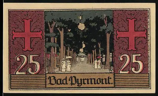 Notgeld Bad Pyrmont 1921, 25 Pfennig, Flaneure an einer Allee