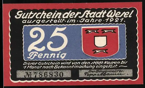 Notgeld Wesel 1921, 25 Pfennig, Boot mit rotem Segel