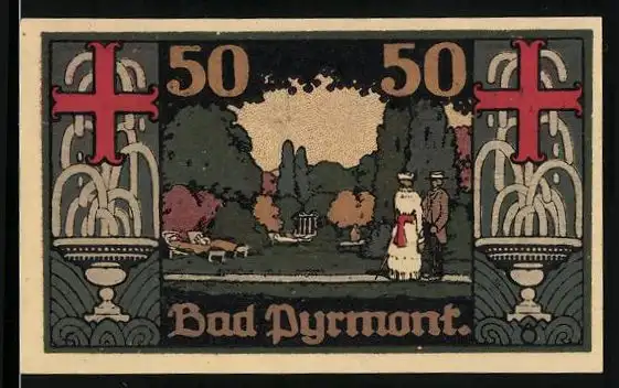 Notgeld Bad Pyrmont 1921, 50 Pfennig, Flaneure im Kurpark