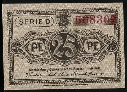 Notgeld Schwerin / Mecklenburg 1922, 25 Pfennig, Wappen mit Stier