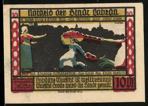 Notgeld Lobeda 1921, 10 Pfennig, Mann mit einem grossen Kurb voll Wurst, Burgruine