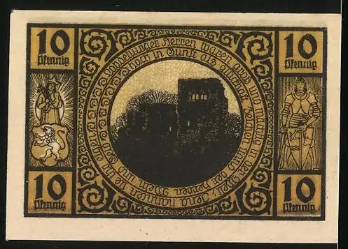 Notgeld Lobeda 1921, 10 Pfennig, Mann mit einem grossen Kurb voll Wurst, Burgruine