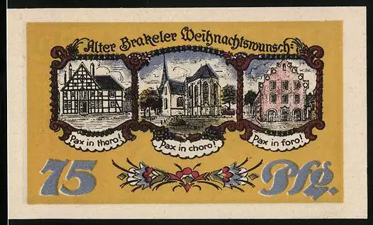 Notgeld Brakel /Höxter 1921, 75 Pfennig, Weihnachtswunsch Pax in thoro, Pax in choro, Pax in foro