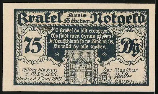 Notgeld Brakel /Höxter 1921, 75 Pfennig, Weihnachtswunsch Pax in thoro, Pax in choro, Pax in foro