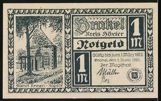 Notgeld Brakel /Höxter 1921, 1 Mark, Sanct Annen-Kapelle, Das Mäken