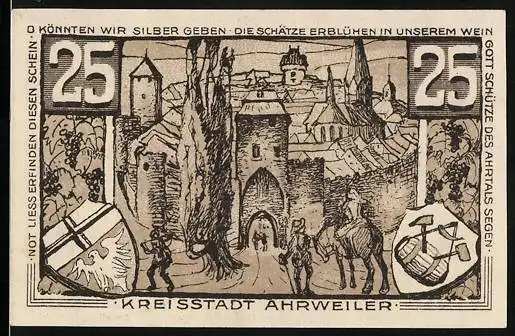 Notgeld Ahrweiler 1921, 25 Pfennig, Konrad von Blankart, Einfahrt zur Stadt