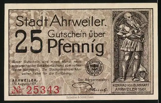 Notgeld Ahrweiler 1921, 25 Pfennig, Konrad von Blankart, Einfahrt zur Stadt
