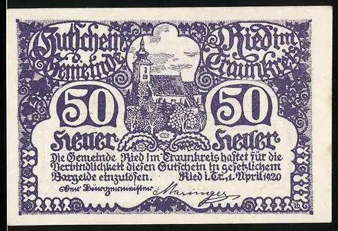 Notgeld Ried /Traunkreis 1920, 50 Heller, Blick auf die Kirche