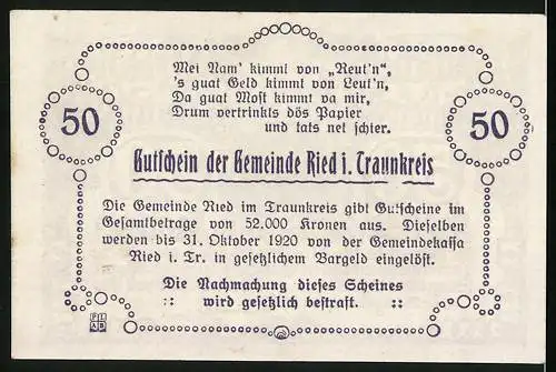 Notgeld Ried /Traunkreis 1920, 50 Heller, Blick auf die Kirche