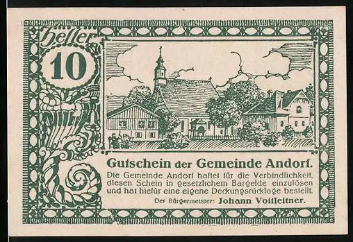 Notgeld Andorf 1920, 10 Heller, Ortsansicht mit Kirche