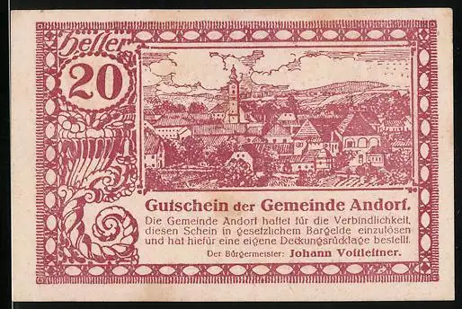Notgeld Andorf 1920, 20 Heller, Ortsansicht gegen Hügellandschaft, mit Kirche