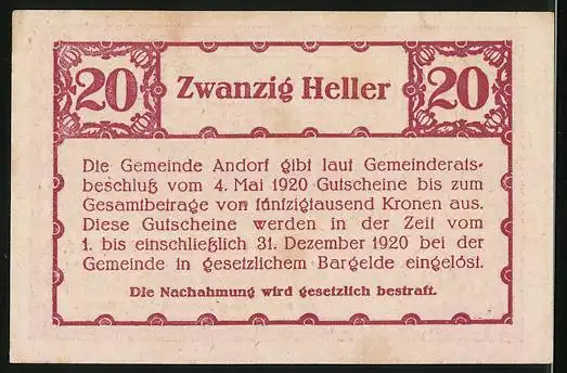 Notgeld Andorf 1920, 20 Heller, Ortsansicht gegen Hügellandschaft, mit Kirche