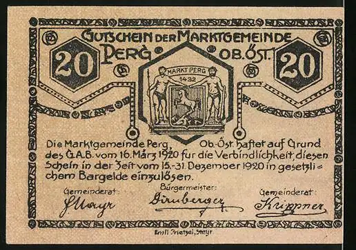 Notgeld Perg /Ob.-Öst. 1920, 20 Heller, Wappen und Mühlsteinerzeugung