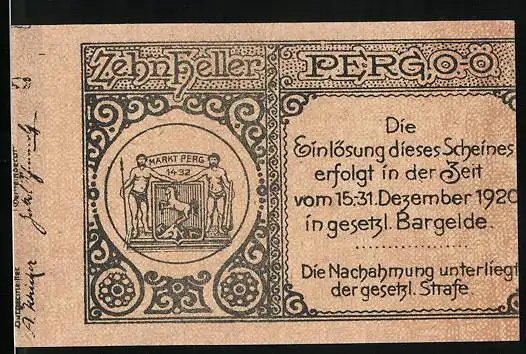 Notgeld Perg O.-Ö. 1920, 10 Heller, Stadtwappen und Strassenpartie