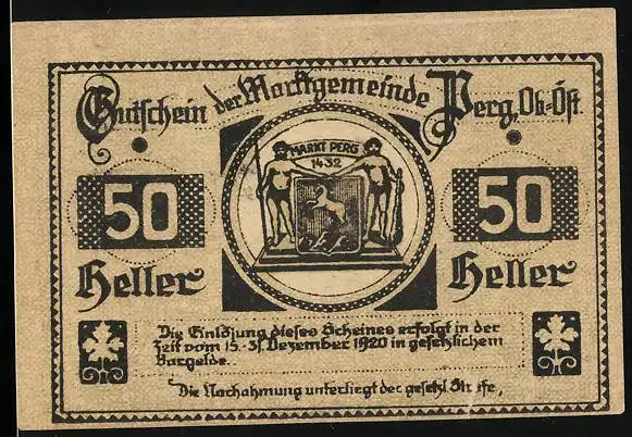 Notgeld Perg O.-Ö. 1920, 50 Heller, Wappen, Platz an der Kirche