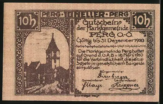 Notgeld Perg O.-Ö. 1920, 10 Heller, Wappen und die Kirche