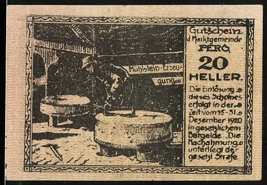 Notgeld Perg O.-Ö. 1920, 20 Heller, Mann beim Herstellen von Mühlsteinen