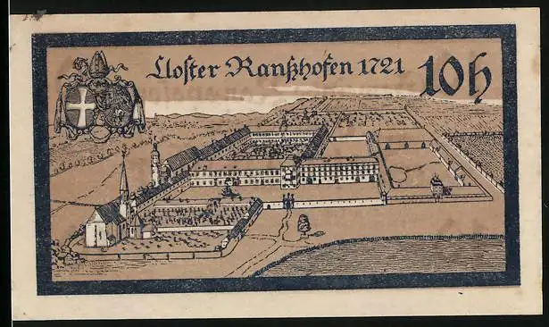 Notgeld Ranshofen 1920, 10 Heller, Das Klostergelände aus der Vogelschau