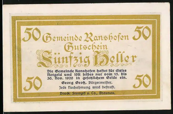 Notgeld Ranshofen 1920, 50 Heller, Ortsansicht über Wiesen und Felder