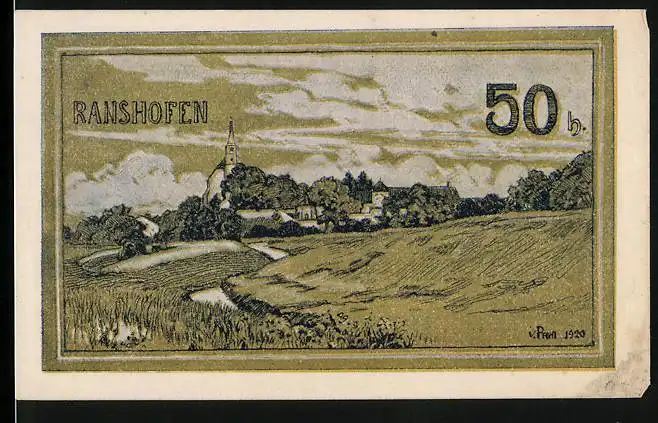 Notgeld Ranshofen 1920, 50 Heller, Ortsansicht über einen Bachlauf