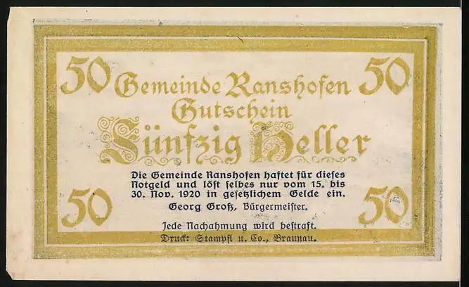 Notgeld Ranshofen 1920, 50 Heller, Ortsansicht über einen Bachlauf