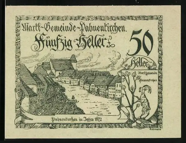 Notgeld Pabneukirchen 1920, 50 Heller, Ortsansicht anno 1872