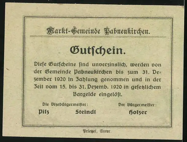 Notgeld Pabneukirchen 1920, 50 Heller, Ortsansicht anno 1872