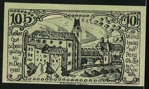 Notgeld Windhaag bei Perg 1920, 10 Heller, Blick aufs lokale Kloster