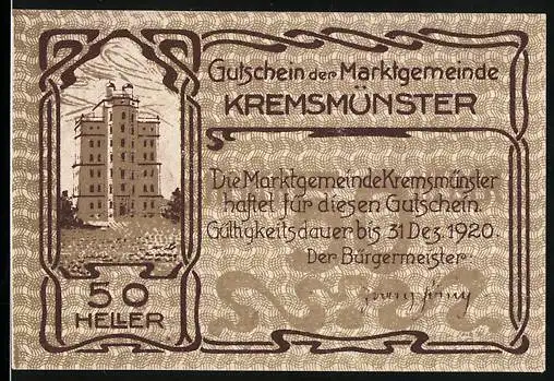 Notgeld Kremsmünster 1920, 50 Heller, Schwein mit Gehstock