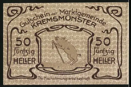 Notgeld Kremsmünster 1920, 50 Heller, Schwein mit Gehstock