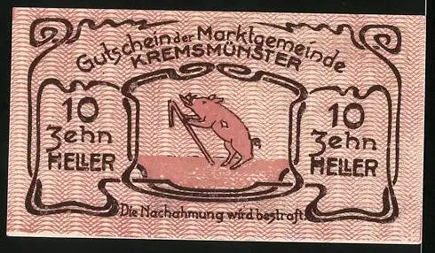 Notgeld Kremsmünster 1920, 10 Heller, Schwein mit Gehstock