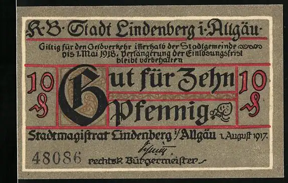 Notgeld Lindenberg i. Allgäu 1917, 10 Pfennig, Soldat zündet eine Kanone