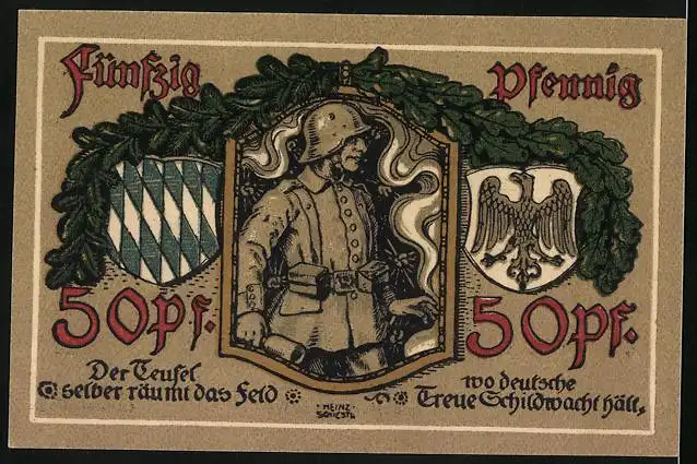 Notgeld Lindenberg i. Allgäu 1918, 50 Pfennig, Soldat in Uniform