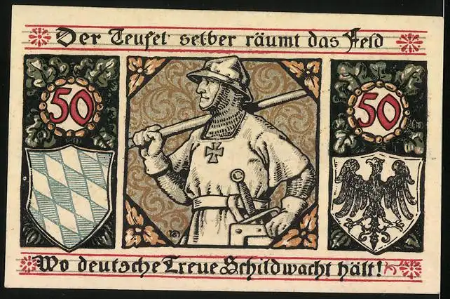 Notgeld Lindenberg i. Allgäu 1917, 50 Pfennig, Kreuzritter mit Schwert
