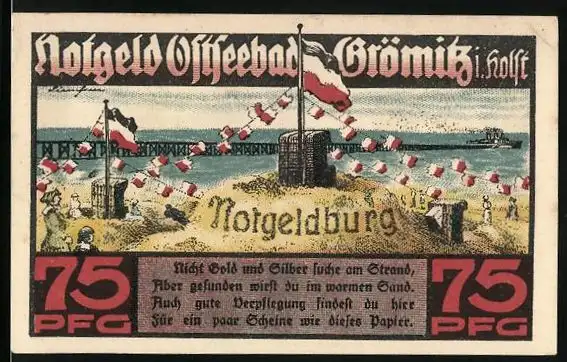Notgeld Grömitz i. Holst. 1921, 75 Pfennig, Ortspartie mit Kirche