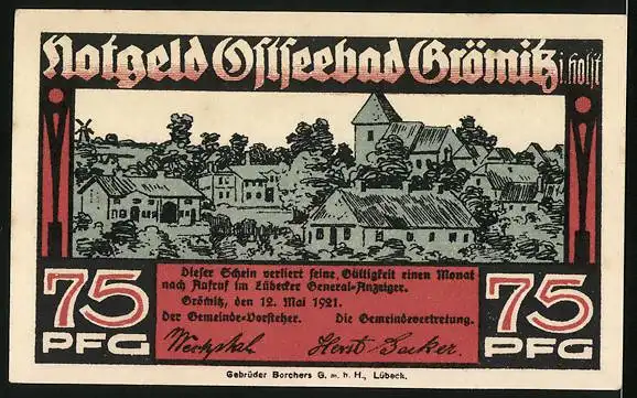 Notgeld Grömitz i. Holst. 1921, 75 Pfennig, Ortspartie mit Kirche