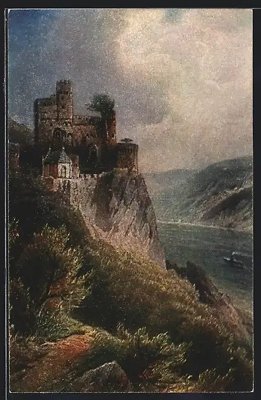 Künstler-AK Burg Rheinstein auf einem Felsen am Rhein