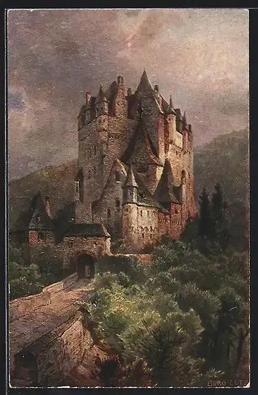 Künstler-AK Burg Eltz im Moseltal, Ansicht mit Burgtor