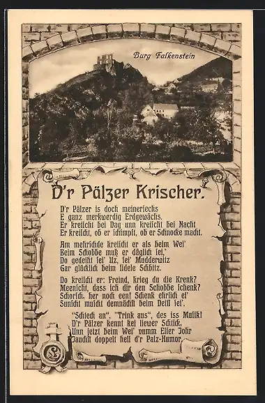 AK Burg Falkenstein, Ansicht der Ruine und Gedicht D`r Pälzer Krischer