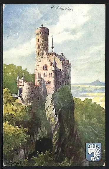 Künstler-AK Schloss Lichtenstein auf einem steilen Felsen mit Zugang über Brücke