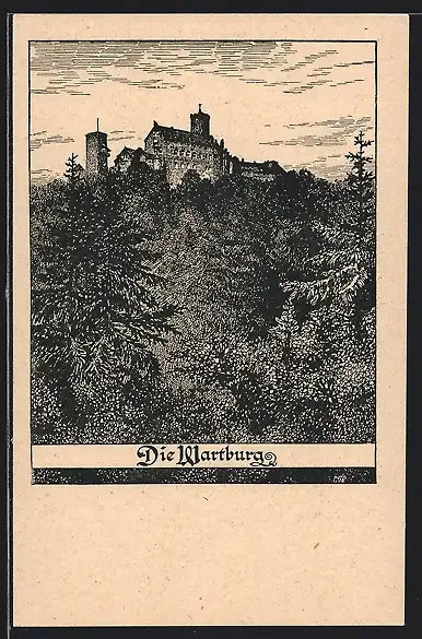 Künstler-AK Wartburg über Bäumen thronend