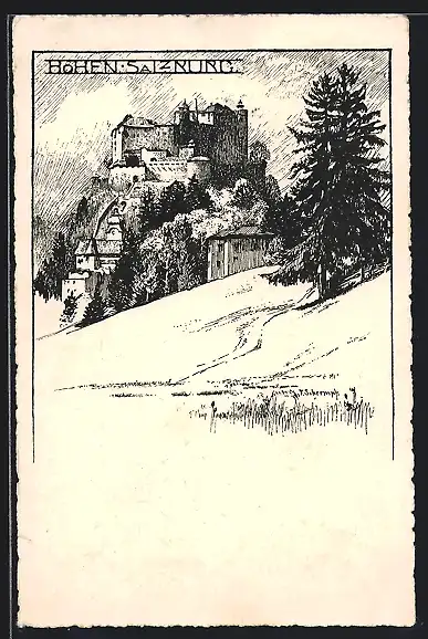 Künstler-AK Salzburg, Festung Hohen Salzburg, Ansicht vom Hang aus