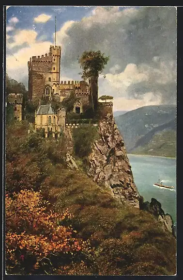 Künstler-AK Burg Rheinstein auf einem Felsen am Rhein, Dampfer