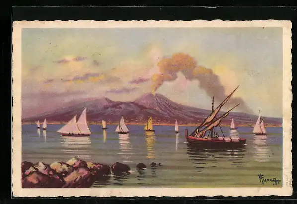 Künstler-AK Napoli, Segelschiffe vor dem Vulkan