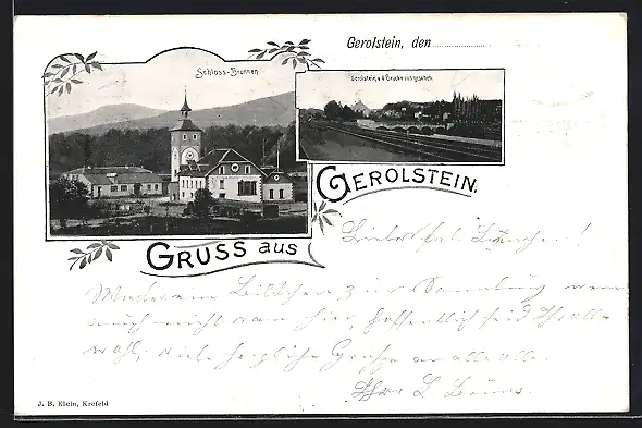 AK Gerolstein, Der Schloss-Brunnen, Ortsansicht von der Brücke aus