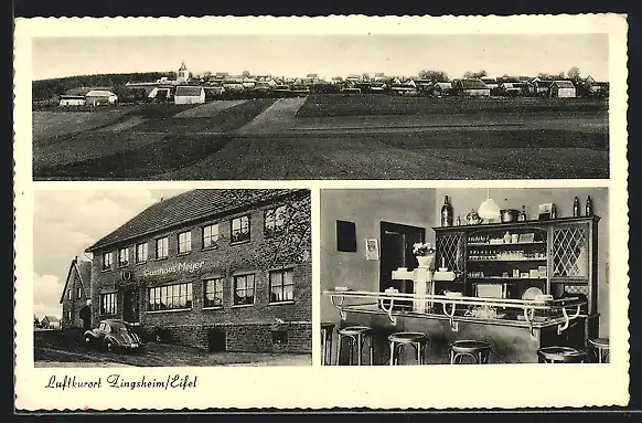 AK Zingsheim /Eifel, Ortsansicht, VW Käfer vor dem Gasthaus Meyer, Innenansicht
